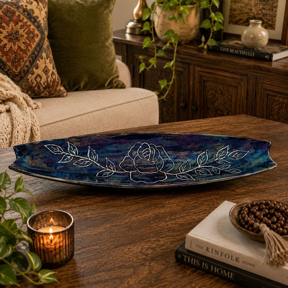 Iridescent Art Pottery Platter 18" Rose Floral Raku Style Eclectic Centerpiece